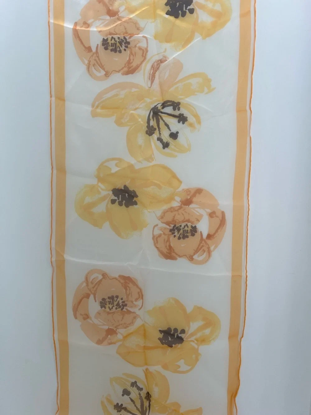 Vintage Vera Neumann Yellows, apricots & touch of brown Sheer scarf 42” x 13”